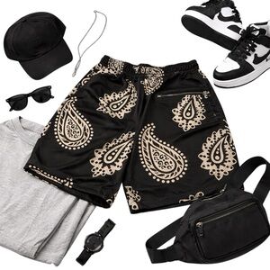 Maison Article Paisley Mesh Shorts Black Cream Elastic Waist Men’s Medium in EUC